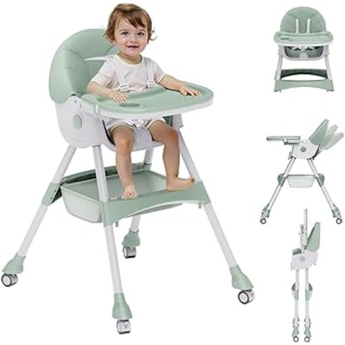 High Chairs for Babies and Toddlers, 4 in 1 Convertible Baby High Chair, Portable High Chair for Travel with Adjustable Height and Back, Foldable HighChair with Wheels& Pu Cushion (Green)