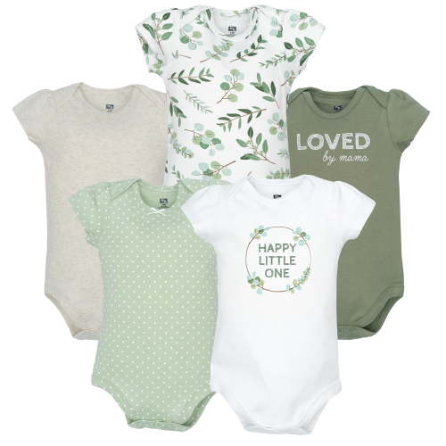 Hudson Baby Infant Girls Cotton Bodysuits 5-Pack, Eucalyptus, 0-3 Months