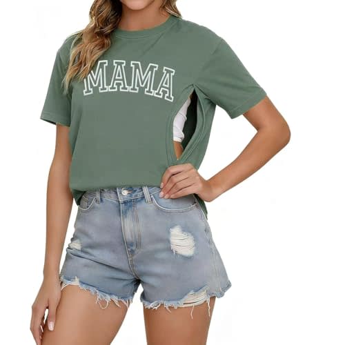 Women's Nursing Shirts for Breastfeeding with Hidden Zippers Loose Fit Maternity Tops Distressed Acid Washed Graphic Tees
