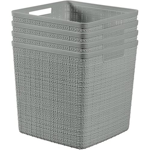 Curver Set of 4 Large Cube 17L Jute Decorative Plastic Organization and Storage Baskets - Perfect Bins for Home Office, Closet Shelves, Kitchen Pantry and All Bedroom Essentials, Grey