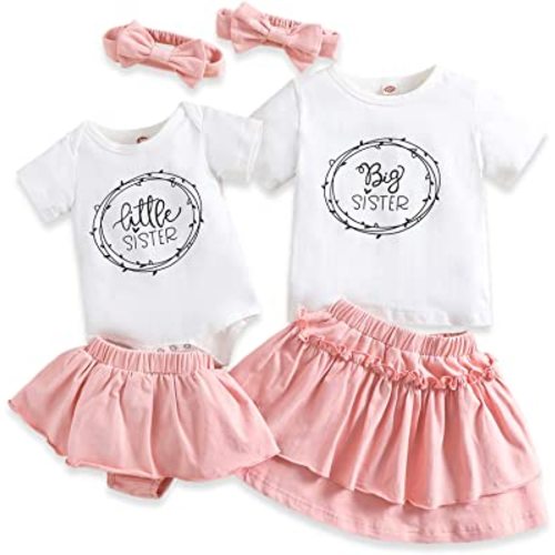 AMAWMW Big Sister Little Sister Matching Outfits Toddler Baby Girl Summer Clothes Short Sleeve Romper Ruffle Skirt 3PC Set