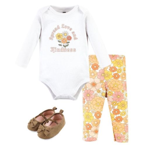 Hudson Baby Infant Girl Cotton Long-Sleeve Bodysuit, Pant and Shoe Set, Peace Love Flowers