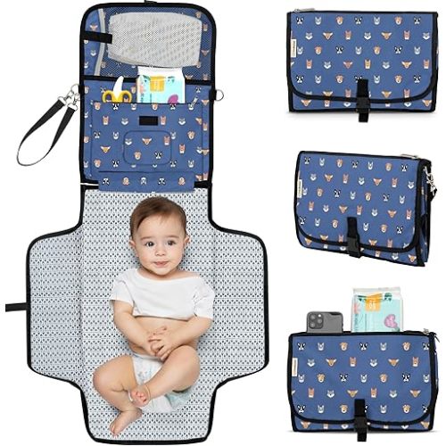 KeaBabies Portable Diaper Changing Pad - Large Waterproof Baby Changing Mat, Compact Travel Diaper Clutch, Functional Pockets Fit Newborn Essentials, Wipeable & Padded Baby Changer (Pets & Paws)