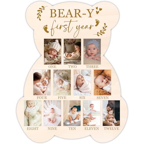 Bear My First Year Photo Board, Bear-Y Baby Milestone Signs for Boys Girls Nursery Decor, 12 Month Pictures for Baby First Year, Picture Board for 2x3 Photos, Best Babies Keepsake Gifts-A27