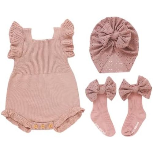 Neiwech Baby Girl Ruffle Knit Romper Outfit Set, Sleeveless Knitted Bodysuit with EyeletBow Turban Headband and Bow Socks