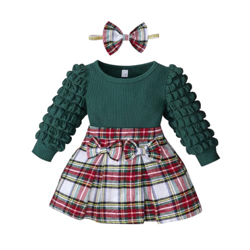 Toddler Baby Girl Plaid Dress Puff Sleeve Bow Patchwork Ribbed Shirts Dress Plaid Fall Winter Outfits with Headband