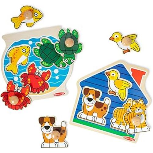 Melissa & Doug Wooden Jumbo Peg Puzzle 2-Pack – Fish Bowl, House Pets, 3-Piece for Toddlers Boys and Girls, Ages 1+ Years