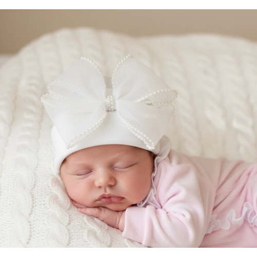 White Pearl Bow Hospital Hat – Ella Marina Baby