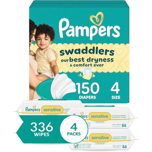 Diapers Size 2, 186 Count and Baby Wipes - Pampers Swaddlers Disposable Baby Diapers and Water Baby Wipes Sensitive Pop-Top Packs, 336 Count (Packaging May Vary)