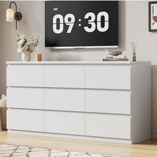 Jocoevol Modern 9 Drawer Dresser for Bedroom, Simply Chest of Drawers, Wood Storage Dresser with Deep Drawers for Living Room Hallway Entryway (White)