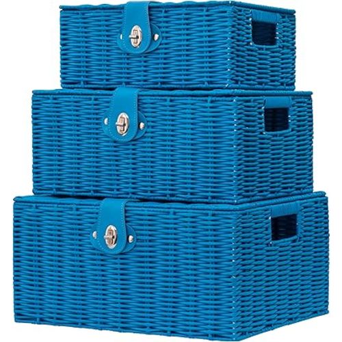 Set of 3 Woven Wicker Storage Basket Box with Lid & Lock, Built-in Carry Handles, Multifunctional Storage Organiser for Nursery, Baby, Clothes, Toys, Books, Large/Medium/Small Size (Sky Blue)