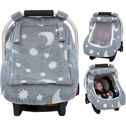 Baby Car Seat Cover, Carseat Covers Baby Glow in The Dark, Fleece Plush Infant Car Seat Cover for Girls Boys, Car Seat Canopy with Peep Mesh Windows, Universal Carrier Cover for All Seasons