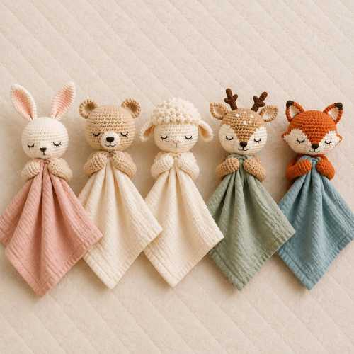 Crochet Animal Lovey with Organic Cotton Muslin, Baby Comforter, Newborn Gift