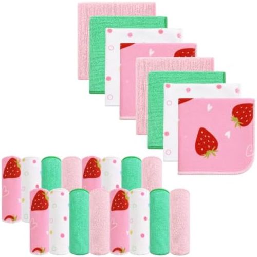 Softan Baby Washcloths, 24Pack Baby Wash Cloths Extra Soft & Ultra Absorbent, Baby Towels and Face Towels for Unisex Boys Girls Body, Washclothes Gentle on Sensitive Skin, 9x9 Pink Heart Strawberries