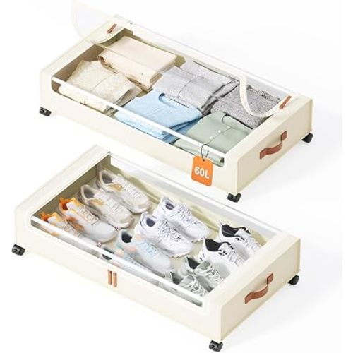 Yecaye Under Bed Storage with Wheels, 2 Pack Under Bed Storage Containers, 60L Underbed Shoe Storage with Clear Window & Label, Rolling Under Bed Metal Drawer for Clothes, Shoes, Books, Blankets