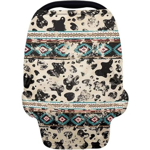 Binienty Aztec Cow Print Nursing Cover for Newborns Girls Boys, Stretchy Breathable Baby Car Seat Covers Infants Canopies