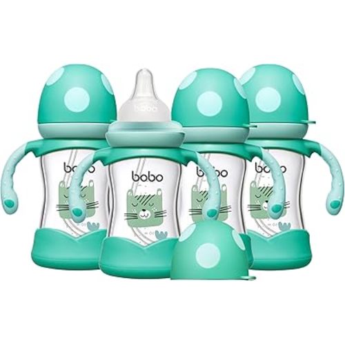YOHKOH Natural Glass Baby Bottle with Natural Response Nipple, Wide Neck Baby Bottles with Handle, Newborn Anti-Colic Baby Bottles Gift Set, Clear (5.4oz (Pack of 4), Blue)