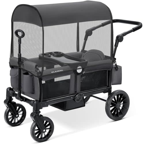 ELEMARA Foldable Wagon Stroller, Stroller Wagon for 2 Kids, Premium All Terrain Wagon for Kids with Removable Canopy, Adjustable Push/Pull Handle, Harnesses, Large Storage Bag