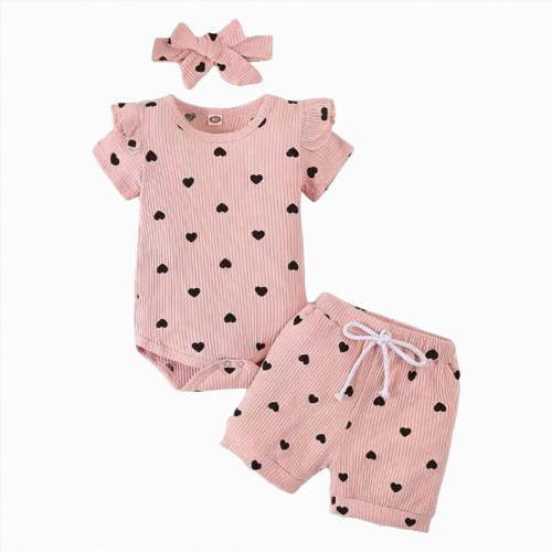 TOWED22 Infant Baby Girl Clothes Romper 3 Piece Sets + Floral Shorts + Headband Ruffle Trim Elastic Waist Summer Outfits Set(Pink,3-6 M)