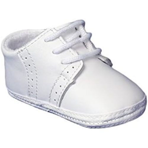 Baby Boys All White Genuine Leather Saddle Oxford Crib Shoe with Perforations