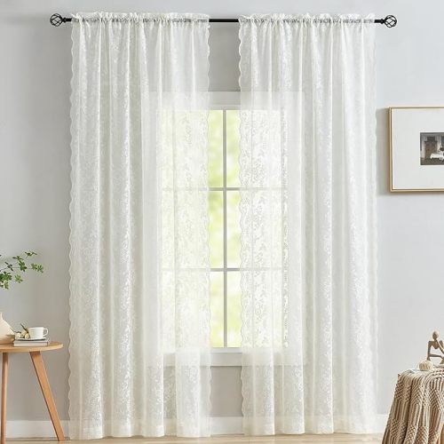 FINECITY Lace Curtains 96 Inches Long for Living Room, Rustic Leaf Floral Knitted Lace Curtain 2 Panels, Rod Pocket Vintage Privacy Window Sheer Lace Curtains, 42 x 96 Inch, 1 Pair, Ivory