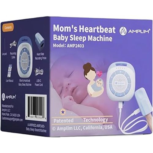 Amplim Baby Sound Machine with Mom’s Heartbeat Recording + 19 White Noise Soothers for Newborns, Infants, Preemies | Portable Colic Relief, Sleep Aid, Nursery Essential for New Moms, Baby Shower