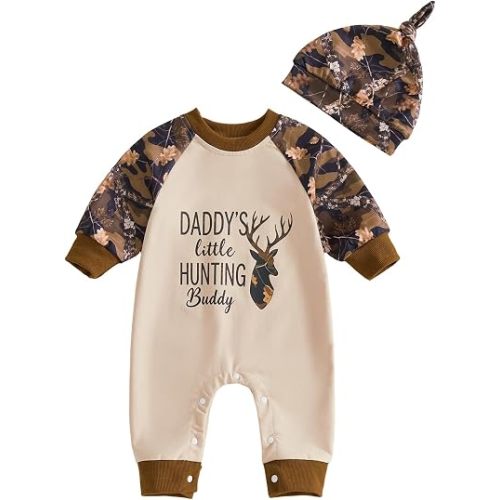 Baby Boy Hunting Outfit Camouflage Long Sleeve Jumpsuit Hat