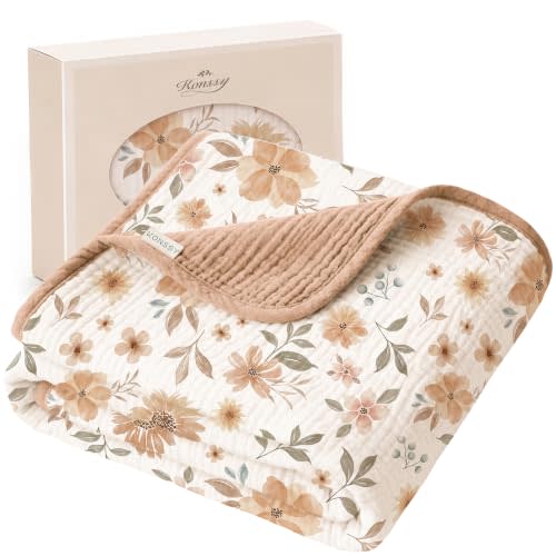 Konssy 100% Cotton Muslin Baby Blanket for Girls Boys, 40"x36" | Soft & Lightweight, 4-Layer Muslin, for Receiving, Swaddling, Crib, Stroller & Nursery, Newborn to Toddler (Flourish)