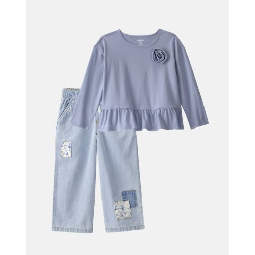 Toddler Girl 2-Piece Rose Applique Top & Patchwork Denim Jeans Set - Blue - OshKosh B'gosh | Carter's