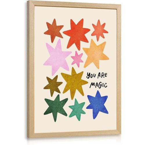 RLKHG Wood Framed You Are Magic Wall Art, Colorful Star Nursery Decor, Inspirational Cute Kids Room Poster Print, Playful Modern Rainbow Star Artwork for Children's Bedroom Playroom 12x16 Inch