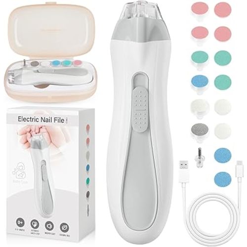Baby Nail Trimmer Electric, 15 in 1 Baby Nail Clippers for Gentle Nail Care, Rechargeable Baby Nail File Electric with Light &15 Grinding Pads for Infant Toddler, Grey