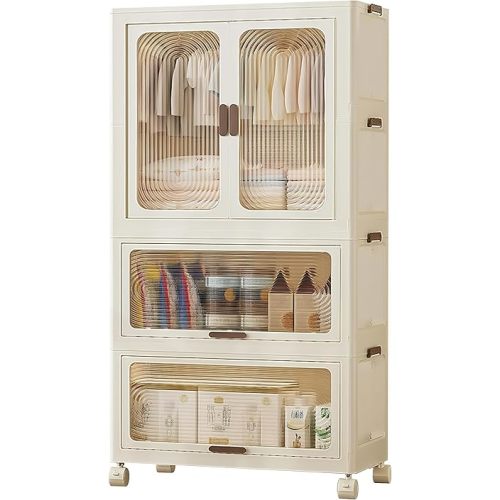 3 Tier Portable Kids Wardrobe Closet with Doors - Plastic Children's Clothing Storage Cabinet with Hanging Rod, 10 Hangers, Baby Clothes Organizer with Wheels for Bedroom, Playroom