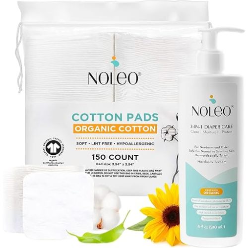 Noleo Organic Cotton Pads with 3-in-1 Diaper Care - 150ct Large & Pressed Cotton Squares 3.54x3.54in Pads - 8oz All in One Baby Cleanser, Baby Lotion & Diaper Rash Cream