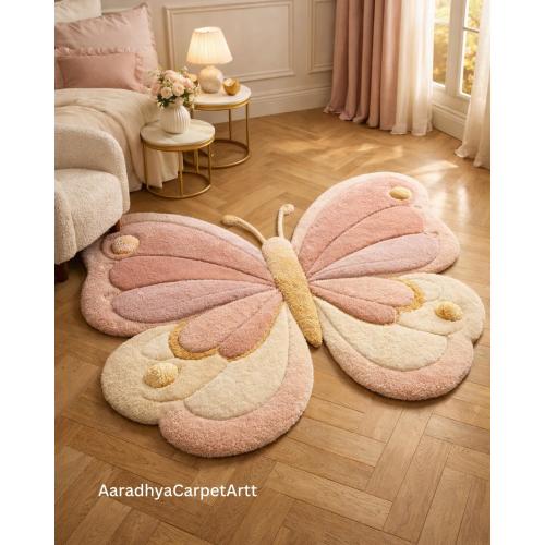 Pastel Butterfly Tufted Rug, Shaped Kids Room Carpet, Fairy Bedroom Decor