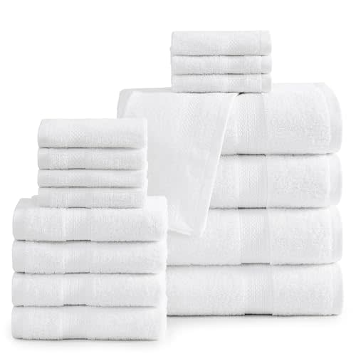LANE LINEN 100% Mercerized Cotton Luxury Bathroom Towel Set - 16 Pcs - Super Soft, Fluffy & Highly Absorbent - 4 Bath Towels, 8 Washcloths, 4 Hand Towels - Complete Family Pack - White Bath Towel Set