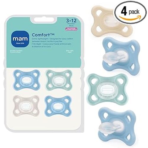MAM Comfort Baby Pacifiers 3-12 Months Babies, Lightweight One-Piece Full Silicone Binky, BPA-Free Nipple, Easy to Clean Pacifier, Best for Breastfed Babies, 4 Count, Made in Europe
