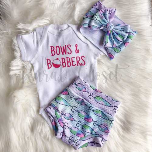 Bows & Bobbers Baby Girl Outfit | Fishing Baby Onesie | Bobber Bummies and Bow Set | Baby Shower Gift | Infant Toddler Outfit | Youth Shirt