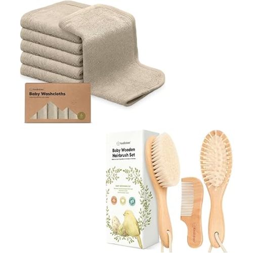 KeaBabies Baby Washcloths for Newborn, Kids and Baby Hair Brush and Baby Comb Set - Bath Baby Towels, Face Towel, Face Cloths - Wooden Baby Brush with Soft Goat Bristle