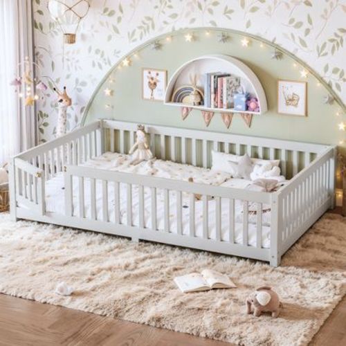 ModernLuxe Montessori Floor Bed with Safety Guardrails & Door, Low Profile Toddler Bed Wooden Kids Bed Frame - Queen, White