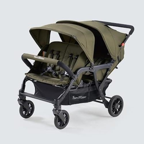 Familidoo H4E Quad Lidoo Lite 4-Seater Stroller Wagon for Kids, Lightweight & Foldable with Reclining Seats, 5-Point Harness, Double Canopy & Rain Cover (Olive)