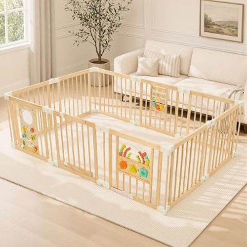 Wooden Baby Playpen with Montessori Toys, 10-Panel Large Foldable Play Yard