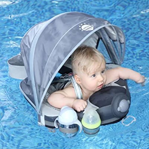 Mambobaby Float Upgrade Add Tail Baby Float with Canopy for Infant Waist Swimming Ring Swim Trainer Non-Inflatable Floats Toys with Adjustable Safety Strap (Grey Airplane)