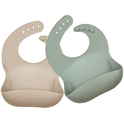 Ginbear Silicone Bibs for Babies, Waterproof Baby Feeding Bibs with Food Catcher Pocket, Adjustable Silicon Bibs for Toddler Infant Girl Boy (2 Pack)