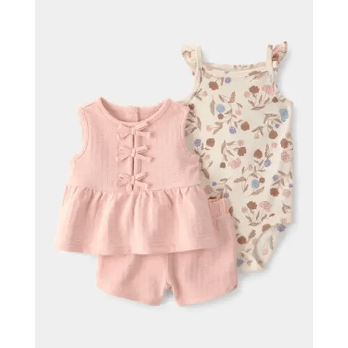 Baby Girl 3-Piece Floral Top, Bodysuit & Short Set - Pink/Cream | Carter's