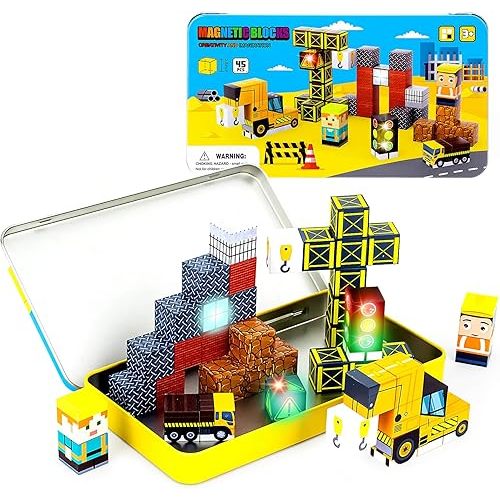 45PCS Magnetic Blocks Travel Toys for Kids with Portable Iron Box, Mini Magnetic Cubes Toys for Airplane & Car Ride STEM Learning Gift Idea for Ages 3+( Construction Theme)