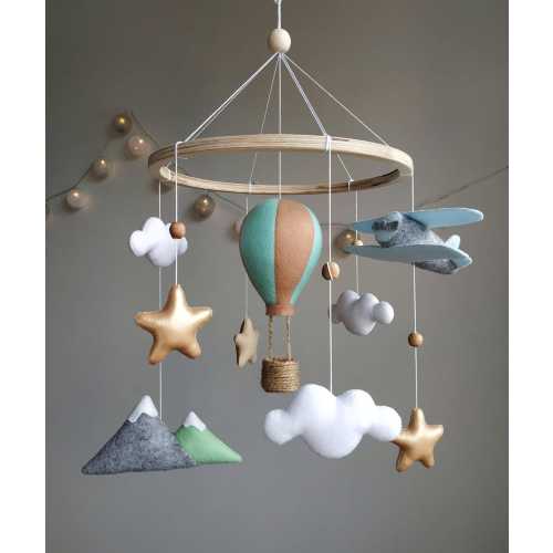 Travel nursery mobile. Adventure baby room decor. Baby boy girl crib mobile. Airplane, hot air balloon, mountain cot mobile. Musical mobile.