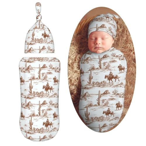 Muishi Vintage Western Cowboy Newborn Swaddle Blankets Hat Sets Soft Baby Receiving Blanket Swaddle Sack for Baby Shower Infant Boy Girl Gift