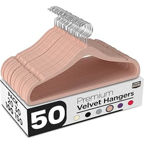 Utopia Home Velvet Hangers 50 Pack – Luxury Non-Slip Slim Pant & Coat Hangers, Strong Space-Saving Clothes Hangers with Pants Bar and 360° Swivel Hook – Pink