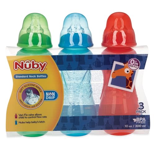 Nuby Non-Drip Standard Neck Bottles, 10 Ounce, Neutral