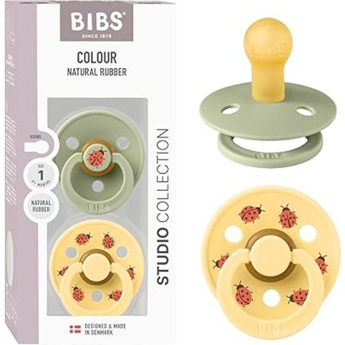 BIBS Studio Soother 2-Pack, BPA Free Dummy Pacifier, Round Nipple. Natural Rubber Latex, Made in Denmark, Size 1 (0-6 Months), Sage/Pale Butter